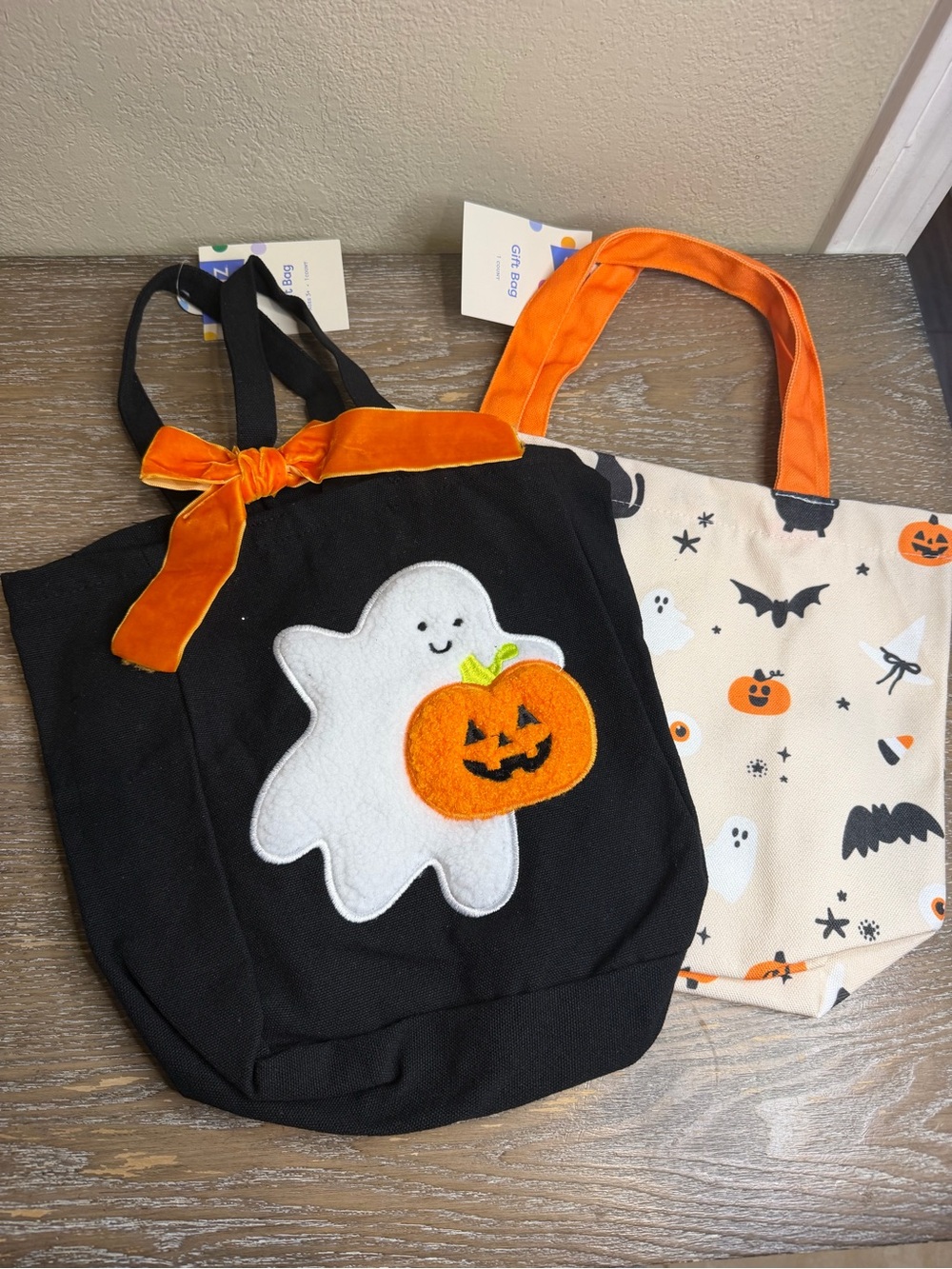 Small Halloween Ghost and Pumpkin Applique Canvas Tote Gift Bag with Bow set